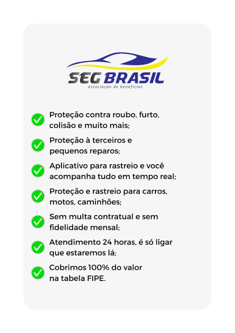 Benefícios da SEG Brasil: proteção contra roubo, furto, colisão, app de rastreio, 24h e 100% da FIPE